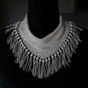 Handmade White Beaded Pearl Fringe Statement Necklace / Collar